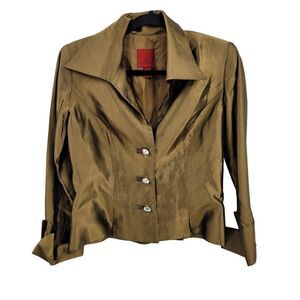 Vintage 80's Blouse 8 Bronze Formal Metallic Dagger Collar Jewel‎ Buttons Glam